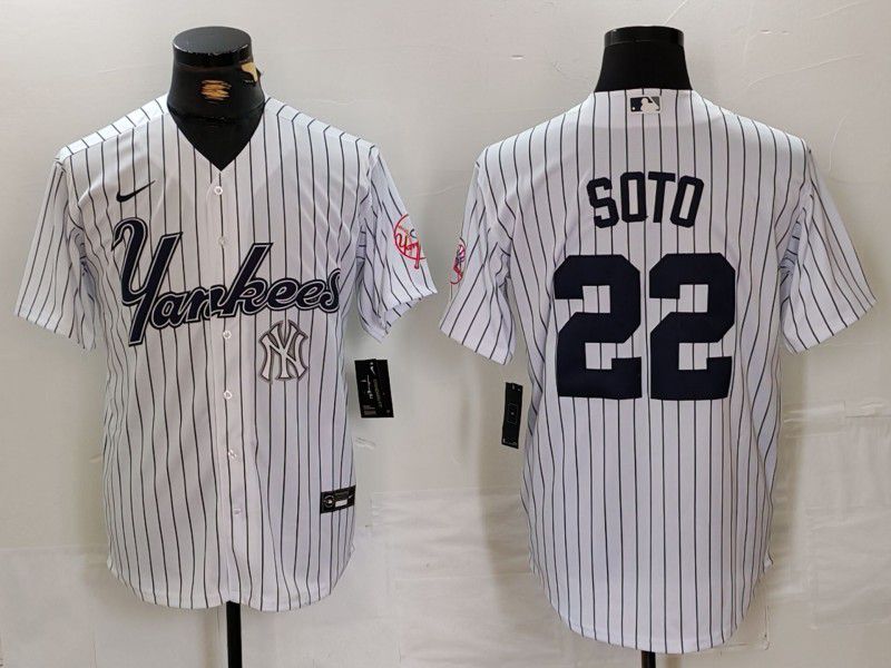 Men New York Yankees 22 Soto White stripe Three generations of joint names Nike 2024 MLB Jersey style 4